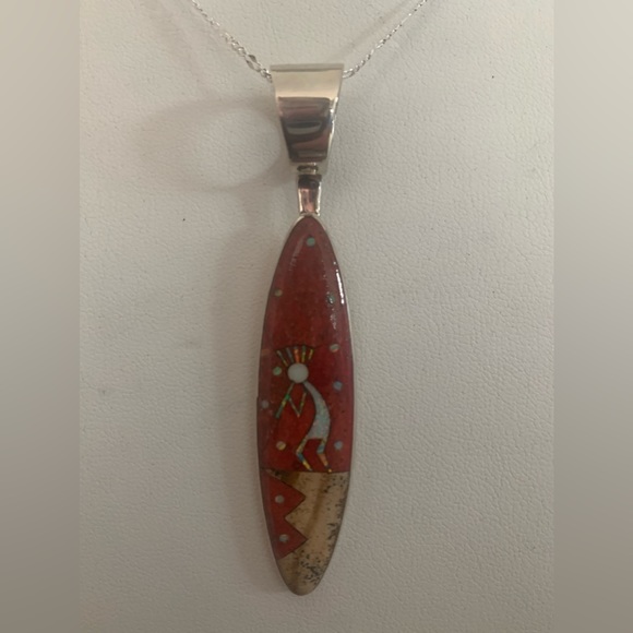 Coral & Multi Gemstone Kokopelli Earrings and Pendant on 24" adjustable SS Chain - Picture 13 of 14